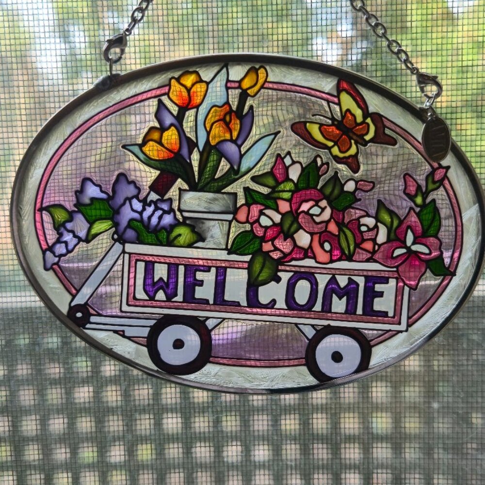 AMIA Hand-Painted Glass Suncatcher "Welcome Wagon" Tulips Butterfly NIB Vintage